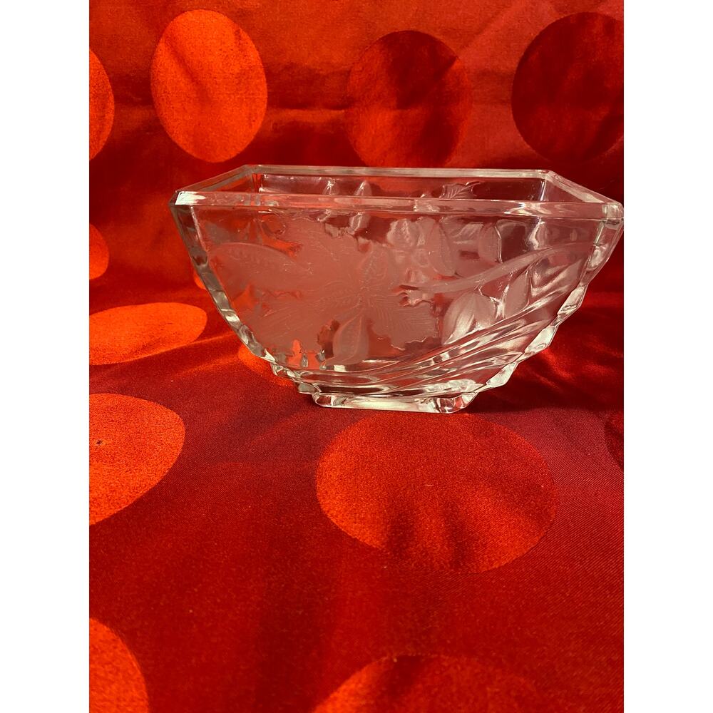1989 FTDA Crystal Decorative Vase Candy Dish Bowl W. Germany etch leaf iris EUC